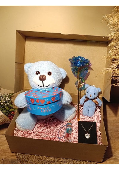 Mavi Kutulu Ayıcık 25cm - Anahtarlık - Dilek Şişesi - Sonsuzluk Gülü - Kalpli Kolye Hediye Seti