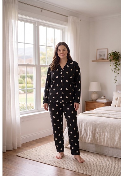 Seboteks Süet Kumaş Önden Düğmeli Büyük Beden Kadın Pijama Takımı 2800 Siyah