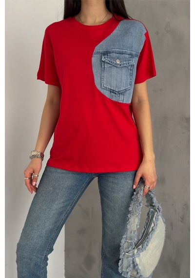 Femelle Kadın Kırmızı Denim Kot Detaylı Cepli Tasarım Pamuklu Tişört