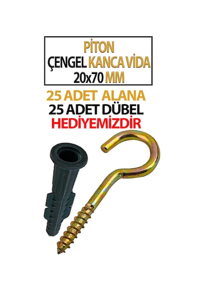 Piton Çengel Kanca Vida 20x70 Mm 25 Adet 25 Adet Dübel Hediyemizdir Diğer