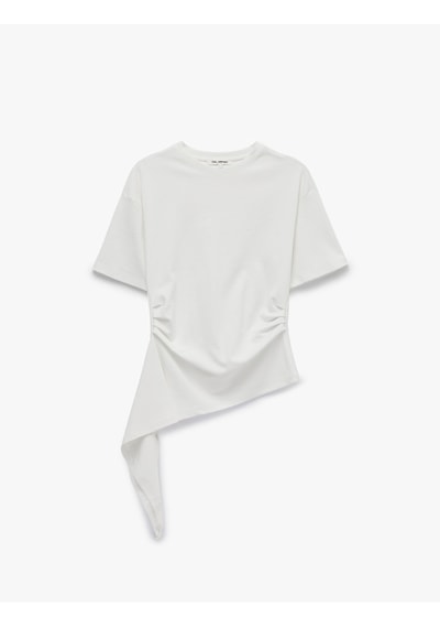 Koton Modal Kumaş Slim Fit Bisiklet Yaka Kısa Kollu Asimetrik Tişört Ekru 7wal10313ık