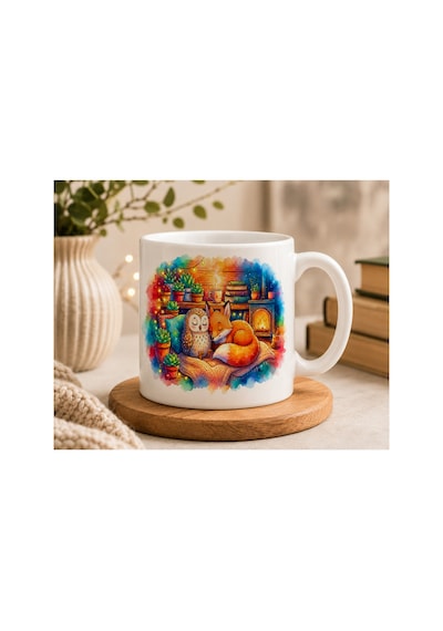 Tilki Ve Baykuş Seramik Kupa 300 Ml Çift Taraflı Baskı Cozy Orman Temalı Kahve Kupası Beyaz