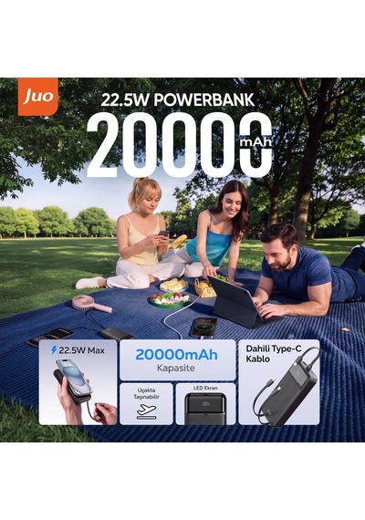 Juo 20000mah 22.5w Led Ekranlı Lightning Ve Type-c Kablolu Powerbank Taşınabilir Hızlı Şarj Cihazı Beyaz