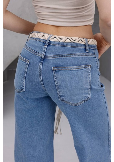 Zdnjeans Kadın Hasır Kemer Detaylı Yüksek Bel Wide Leg Jean Pantolon Mavi