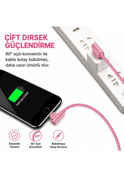 L Tipi 90 Açılı Lightning Şarj Kablosu İphone Uyumlu Naylon Örgülü Dayanıklı Kablo -