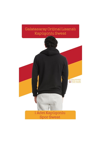Galatasaray - Lisanslı Büyük Logo Kapüşonlu Siyah Erkek Sweat Siyah