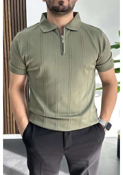 Erkek Desenli Polo Yaka Tişört Açık Yeşil Edw457 Açık Yeşil