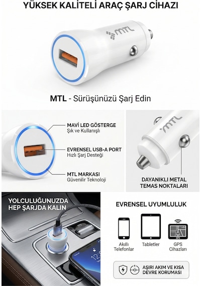 18w Qc 3.0 Hızlı Şarj Destekli Akım Korumalı Led Göstergeli Usb Araç Şarj Cihazı Mt 1812
