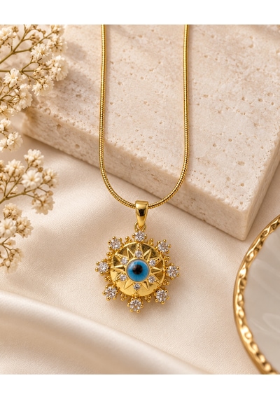 Aura Sun Eye Gold Güneş Ve Nazar Gözlü Kadın Kolye 316l Çelik Renkli