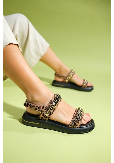 Luvishoes Loket Siyah Sarı Desenli Zincir Detaylı Kadın Sandalet Sarı - Siyah