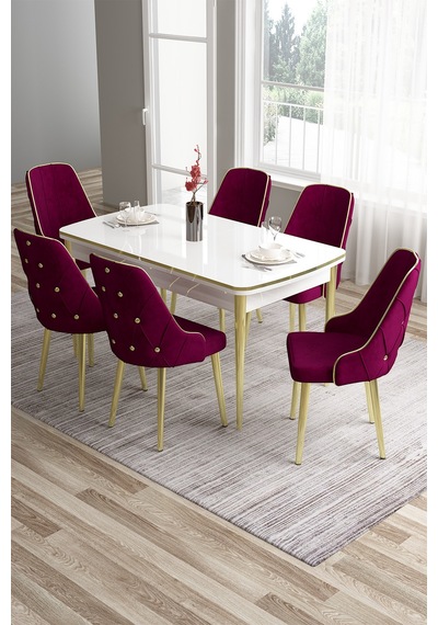 Canisa Tia Serisi 80x132 Açılabilir Mdf Mutfak Masası Takımı Beyaz Masa Gold Detay 6 Mürdüm Sandalye Masa Beyaz Sandalye Mürdüm Canisa Tia Serisi 80x132 Açılabilir Mdf Mutfak Masası Takımı Beyaz Masa Gold Detay 6 Mürdüm Sandalye Masa Beyaz Sandalye Mürdüm