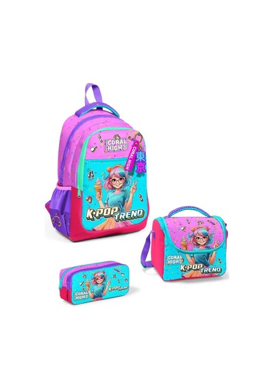 Coral High Goshopya Pembe Turkuaz K-pop Desenli 3 Lü Okul Çanta Seti Goset0114427 Çok Renkli