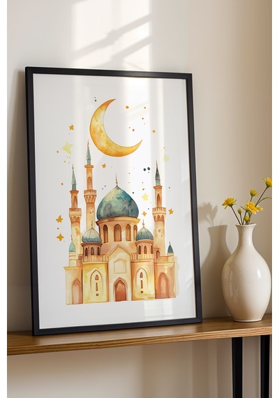 Pastel Sulu Boya Cami Ve Hilal Çerçeveli Tablo - Çocuk Odası Ramazan Hediyesi Eğitici Duvar Sanatı Siyah Pastel Sulu Boya Cami Ve Hilal Çerçeveli Tablo - Çocuk Odası Ramazan Hediyesi Eğitici Duvar Sanatı Siyah