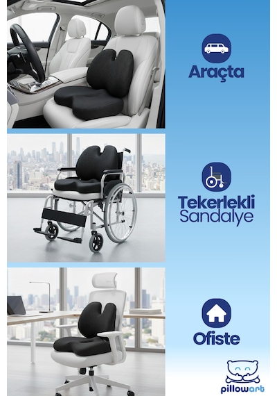 Kelebek Form Sırt Bel Yastığı Ve Oturma Minderi Visco Ergonomik Koltuk Destek Seti 2 Li Siyah