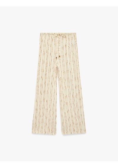 Koton Koton X Şahika Ercümen - Beli Bağcıklı Geniş Paça Müslin Kumaş Pantolon Kahverengi Çizgili 6sak40260ew