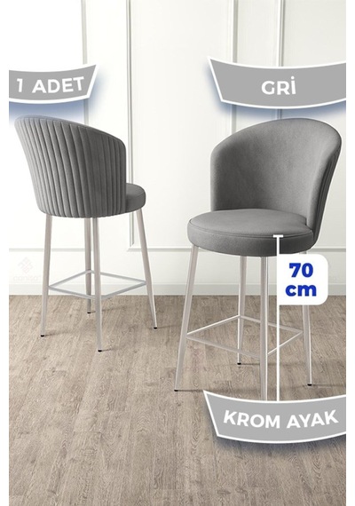 Canisa Fora Serisi Ada Mutfak Bar Sandalyesi Krom Kaplama Metal Ayaklı Babyface Kumaşlı 1 Gri Sandalye Sandalye Gri Ayaklar Krom