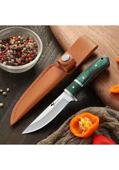 Valkyrie 3cr14mov Paslanmaz Çelik Av Bıçağı Ahşap Saplı, Kılıflı Kamp Ve Outdoor Bıçağı Yeşil Yeşil