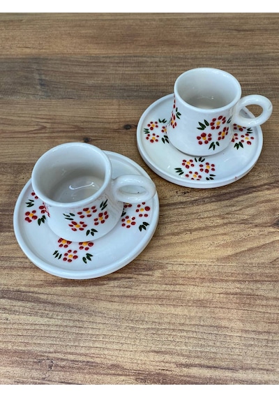Kırmızı Çiçek Desenli El Yapımı Seramik Kupa, Mug, Türk Kahvesi