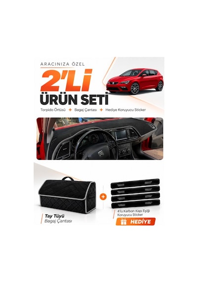 E-biz Seat Leon 2013-2020 Uyumlu Torpido Örtüsü + Tay Tüyü Bagaj Çantası Seti - Siyah-gri - Se006
