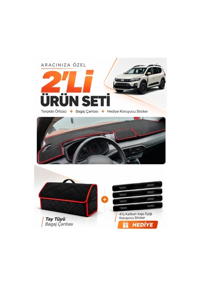 Dacia Jogger Ekransız 2022-2026 Uyumlu Torpido Örtüsü + Tay Tüyü Çanta Seti - Siyah Kırmızı