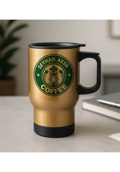 Bk Gift Kişiye Özel İsimli Coffee Tasarımlı Kulplu Gold Çelik Bardak Termos Mug 450ml-1, Sevgiliye Hediye, Arkadaşa Hediye, Eşe Hediye Sarı