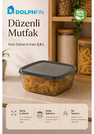 Kare Saklama Kabı 2,5 Litre 21x21x8,5 Cm Füme Şeffaf Siyah Kapaklı Bpa İçermez