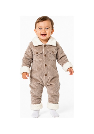 Chicsy Baby Tatlı Premium Çizgili Kadife İçi Peluşlu Welsoft Detaylı Düğmeli Cepli Erkek Bebek Tulum Bej