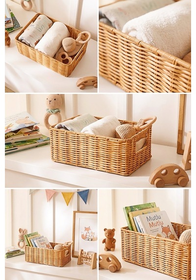 Ocean Home Textile Çocuk Odası Yıkanabilir Bej Pp Rattan Sepet 30 X 20 X 11 Cm