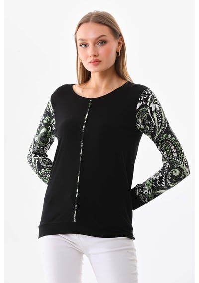 Sistas Kadın Kolları Desenli Uzun Kol Bluz 23320 Siyah