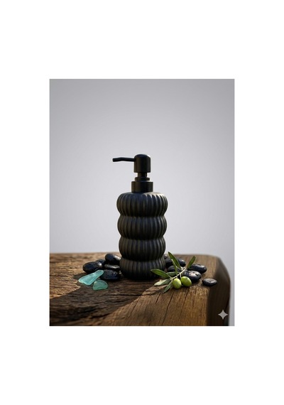 Dalgalı Seramik Mat Siyah Pompalı Sıvı Sabunluk - 400 Ml - 18 X 8 X 7 Cm