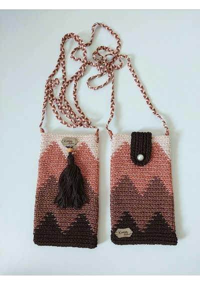 Kemzey Handmade Wayuu Telefon Çantası, El Yapımı Örgü Telefon Çantası Kahverengi