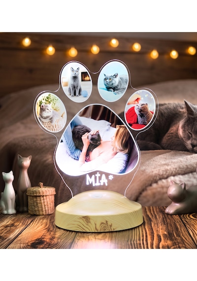 Pati Tasarımlı Kedi Fotoğraflı Led Lamba - İsim Yazılı Kedi Sahibine Doğum Günü Hediyesi