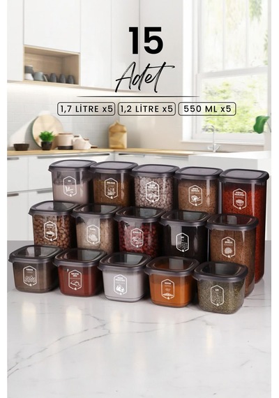 KitchenLife 15'li Etiketli Square Kare Erzak Saklama Kabı Seti X5 550ml-1200ml-1750ml Sert Kapaklı Kavanoz KitchenLife 15'li Etiketli Square Kare Erzak Saklama Kabı Seti X5 550ml-1200ml-1750ml Sert Kapaklı Kavanoz