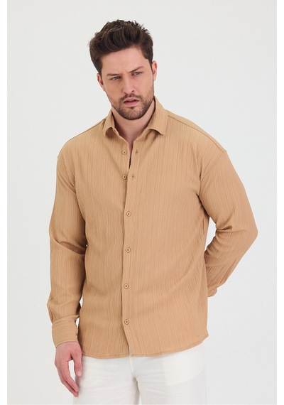 Cool Tarz Erkek Kendinden Çizgi Detaylı Slim Fit Dar Kalıp Uzun Kol Gömlek Krem Krem