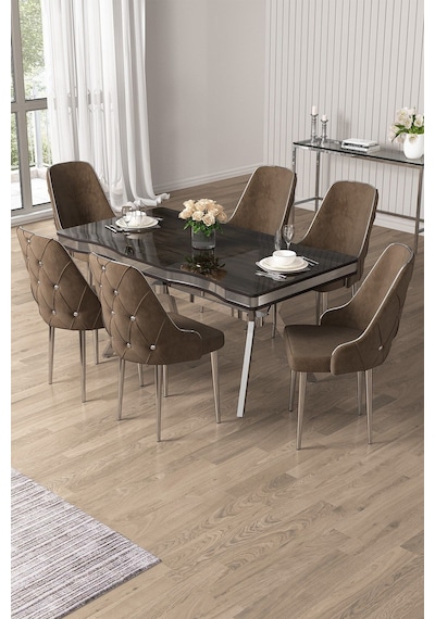 Canisa Vae Serisi 90x160 Lak Panel Antrasit İroni Krom Ayak Masa Takımı 6 Kahve Sandalye Gri Canisa Vae Serisi 90x160 Lak Panel Antrasit İroni Krom Ayak Masa Takımı 6 Kahve Sandalye Gri