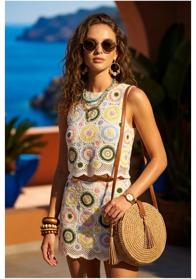 Fashion Cocktail 70'ler Retro Tığ İşi Halka Yuvarlak Kroşe Örgü Örme Modern Etnik Mini Etek Bluz Yazlık İkili Takım ekru Fashion Cocktail 70'ler Retro Tığ İşi Halka Yuvarlak Kroşe Örgü Örme Modern Etnik Mini Etek Bluz Yazlık İkili Takım ekru