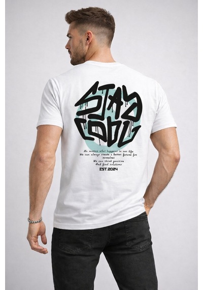 Herkesemoda Arka Stay Yazı Detaylı Basic T-shirt Beyaz