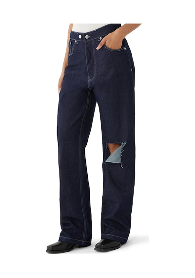 Reborn Society Düz Kesim Yırtık Denim Pantolon Koyu Mavi