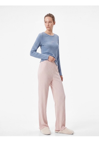 Koton Modal Kumaş Uzun Kollu Bisiklet Yaka Pijama Üstü Mavi 7wlk40068mk