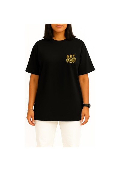 Bahriyeli Collection Oversize Effective Sat Cep Ve Sırt Baskılı Unisex T-shirt Siyah