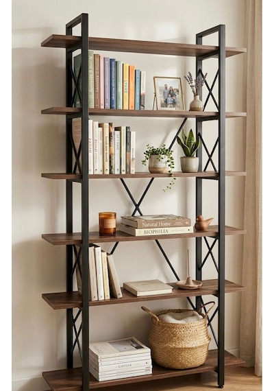 Modern 5 Raflı Metal Kitaplık - 180 Cm Ceviz Raflı Dekoratif Çelik Gövdeli Kitaplık Siyah
