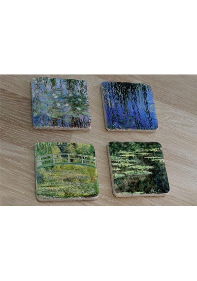 Claude Monet Eserleri Doğal Taş Bardak Altlığı 4'lü Set - Natural Stone Coasters - Taş Çok Renkli