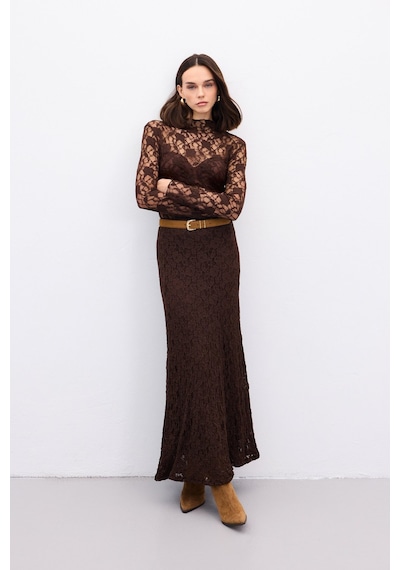 Sateen Transparan Dantel Bluz - Kahve-136869 kahve