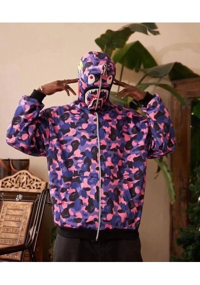 Erkek 2 İplik Bape Kapüşonu Fermuarlı Hırka - Mor