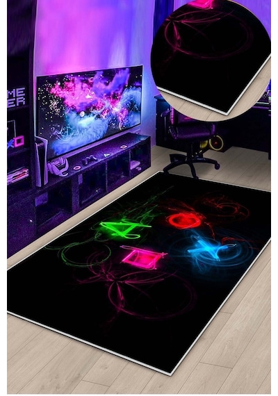 West Home Gamer Halısı Yıkanabilir Kaymaz Taban Led Işık Görselli Genç Odası Için Oyuncu Halısı Wh 542 Black