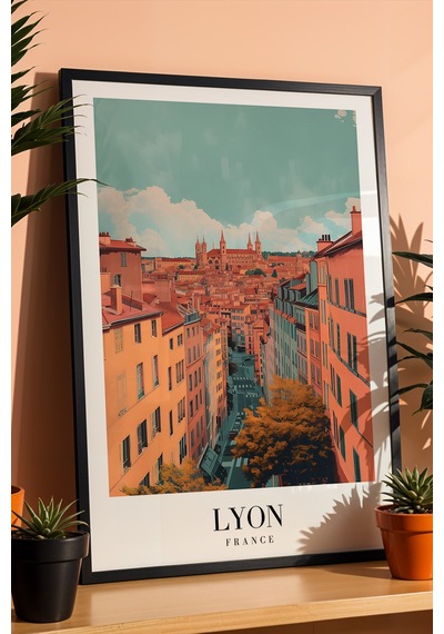 Lyon France Vintage Seyahat Posteri Çerçeveli Tablo - Premium Fransız Mimarisi Elit Duvar Dekoru Siyah