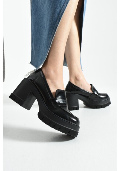 Dabab Shoes Loftıa Kadın Siyah Rugan Chunky Topuklu Loafer