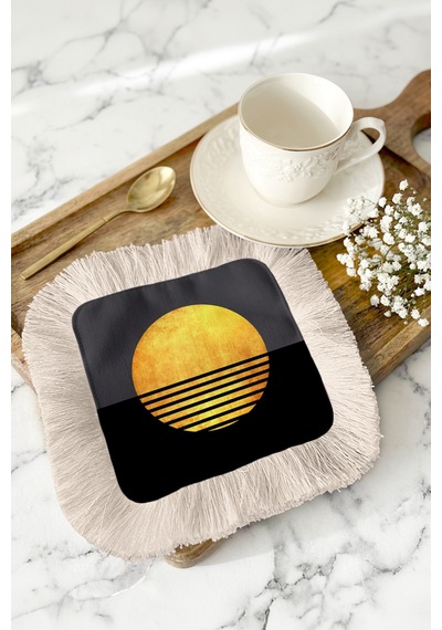 Lüks Güneş Siluetli Saçaklı Sunum Peçetesi - Minimalist Modern Gece Siyah Bardak Altlığı Mendil Soft Kumlu Nar