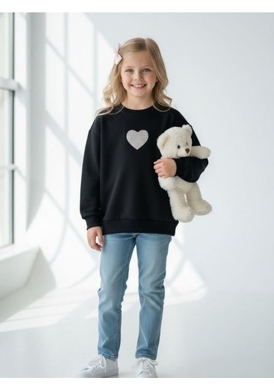 Kız Çocuk Pamuklu Yumuşak Dokulu Kalp İşlemeli Sweatshirt-16803 Siyah