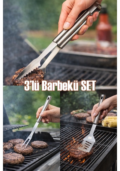Porsima Kj-1007 3 Parça Paslanmaz Çelik Maşa-spatula-çatal Barbekü Seti